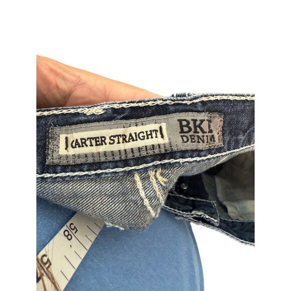 BKE Carter Straight Mens Jeans Size 33L Blue Distressed Button Fly Denim - Picture 5 of 7